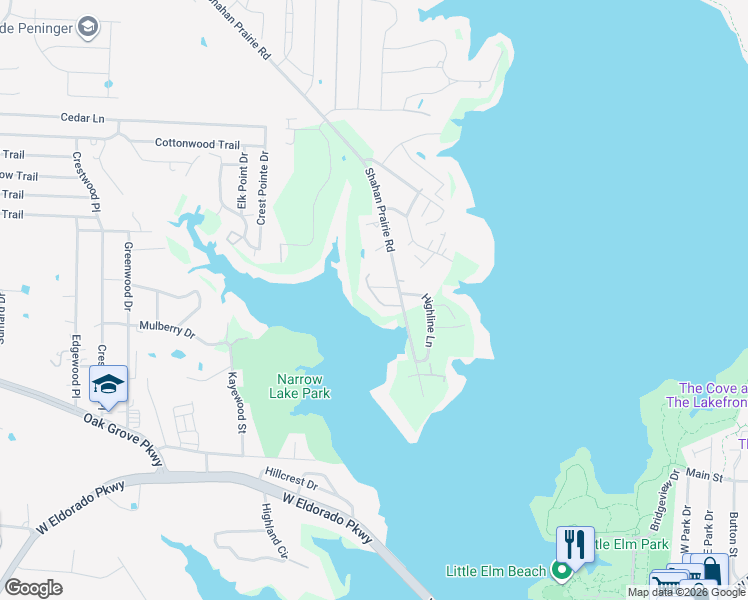 map of restaurants, bars, coffee shops, grocery stores, and more near 1122 Highline Lane in Little Elm