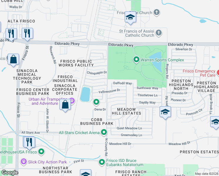 map of restaurants, bars, coffee shops, grocery stores, and more near 7296 Prairie Flower Lane in Frisco