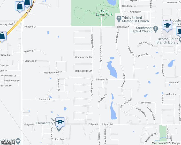 map of restaurants, bars, coffee shops, grocery stores, and more near 44 Rolling Hills Circle in Denton