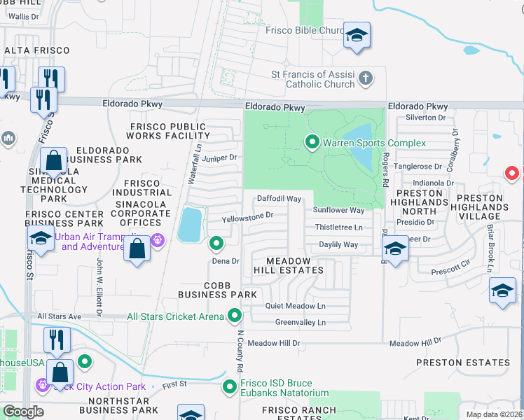 map of restaurants, bars, coffee shops, grocery stores, and more near 7457 Daffodil Way in Frisco