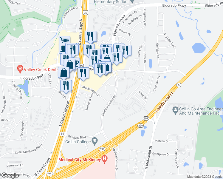 map of restaurants, bars, coffee shops, grocery stores, and more near 3392 Medical Center Drive in McKinney
