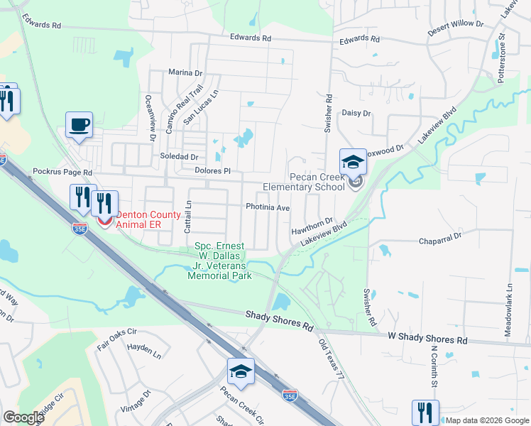 map of restaurants, bars, coffee shops, grocery stores, and more near 4604 Redbud Drive in Denton