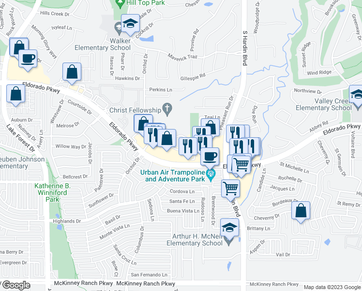 map of restaurants, bars, coffee shops, grocery stores, and more near 2851 Orchid Drive in McKinney