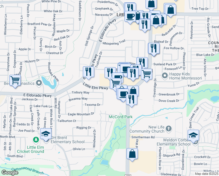 map of restaurants, bars, coffee shops, grocery stores, and more near Little Elm Parkway in Little Elm
