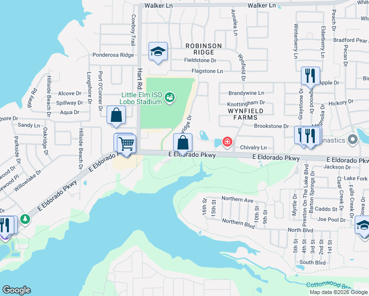 map of restaurants, bars, coffee shops, grocery stores, and more near 144A Castleridge Drive in Little Elm