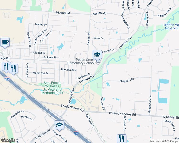 map of restaurants, bars, coffee shops, grocery stores, and more near 4508 Black Walnut in Denton