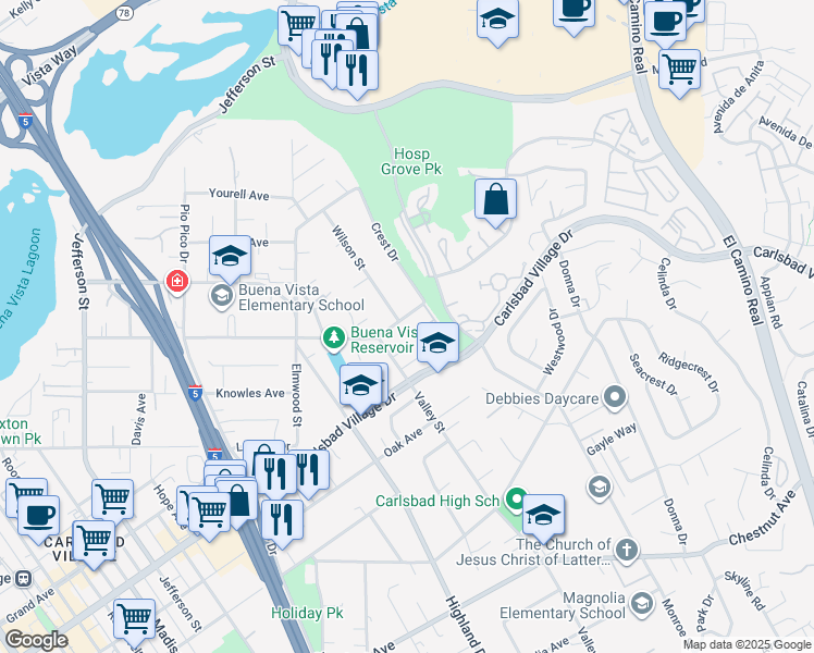 map of restaurants, bars, coffee shops, grocery stores, and more near 1835 Buena Vista Way in Carlsbad