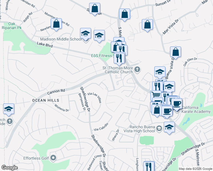 map of restaurants, bars, coffee shops, grocery stores, and more near 3634 Via Silva in Oceanside