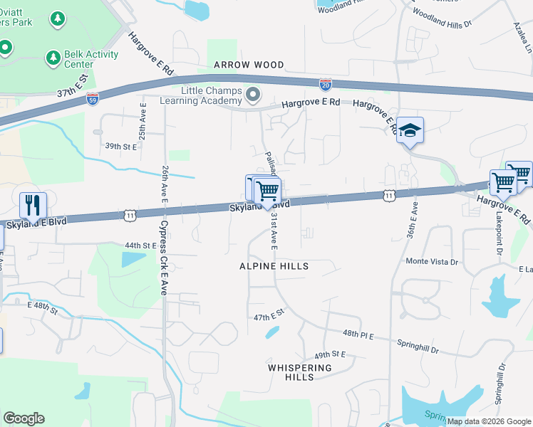 map of restaurants, bars, coffee shops, grocery stores, and more near 3039 Skyland Blvd E in Tuscaloosa