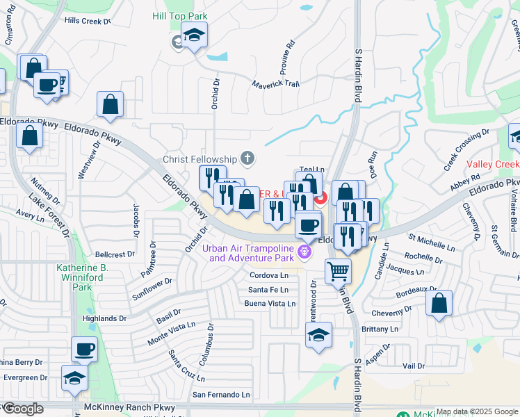 map of restaurants, bars, coffee shops, grocery stores, and more near 2851 Orchid Drive in McKinney