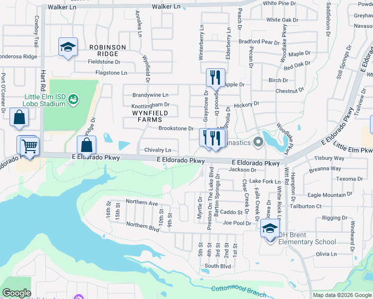 map of restaurants, bars, coffee shops, grocery stores, and more near 2208 Maplecrest Drive in Little Elm