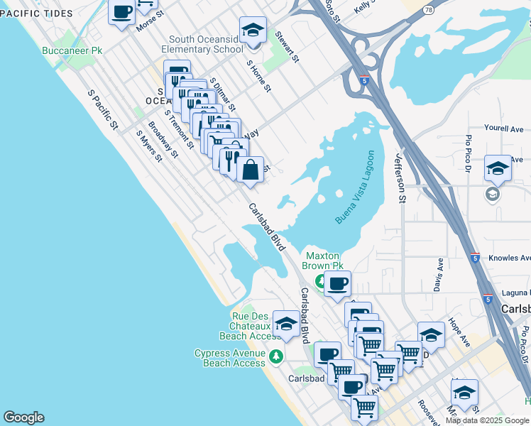 map of restaurants, bars, coffee shops, grocery stores, and more near 2202 South Coast Highway in Oceanside