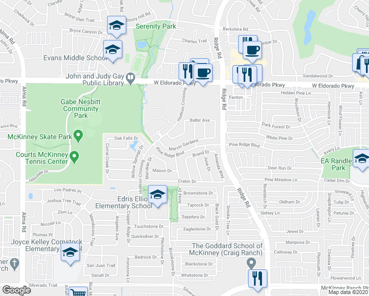 map of restaurants, bars, coffee shops, grocery stores, and more near 6417 Marvin Gardens in McKinney