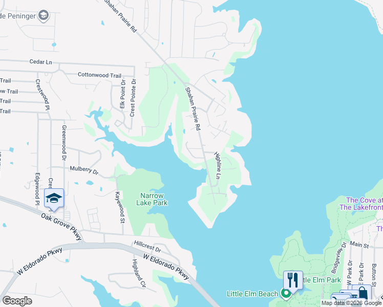 map of restaurants, bars, coffee shops, grocery stores, and more near 1122 Highline Lane in Little Elm