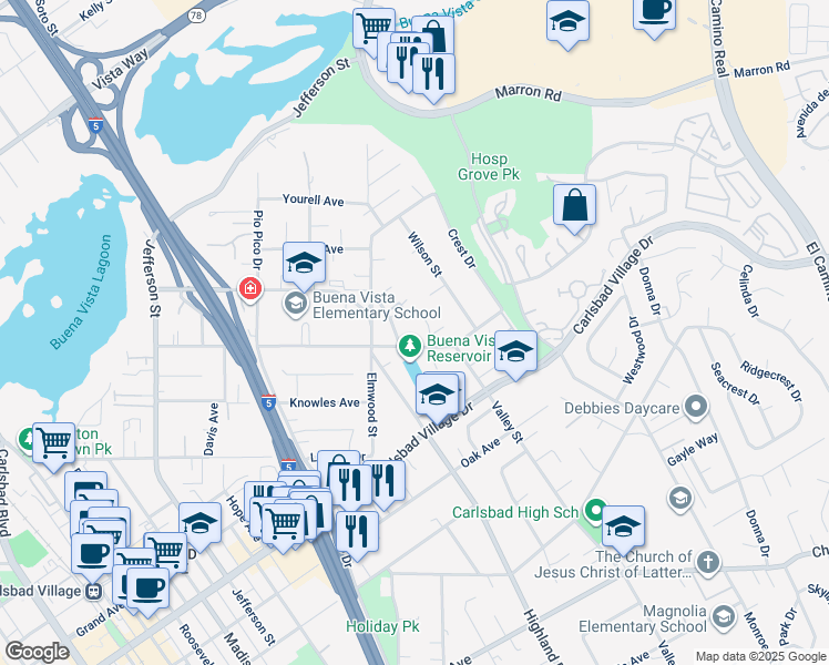 map of restaurants, bars, coffee shops, grocery stores, and more near 2781 James Drive in Carlsbad