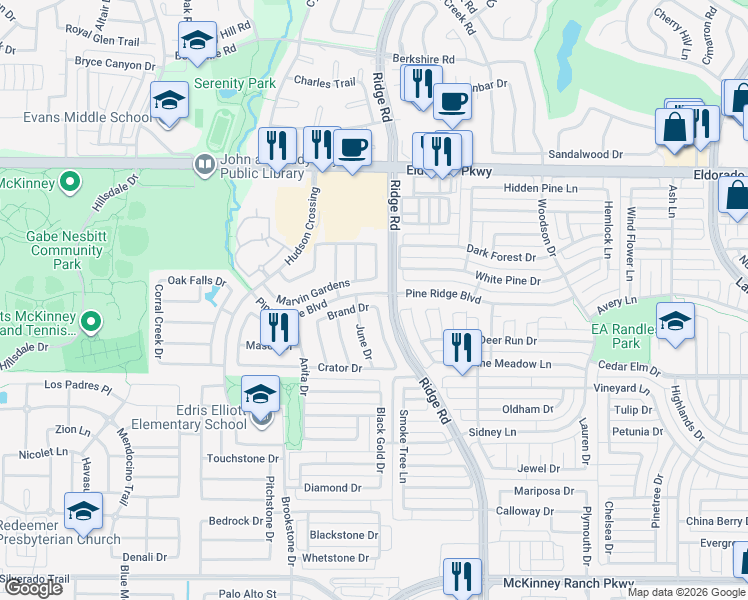 map of restaurants, bars, coffee shops, grocery stores, and more near 6204 Brand Drive in McKinney