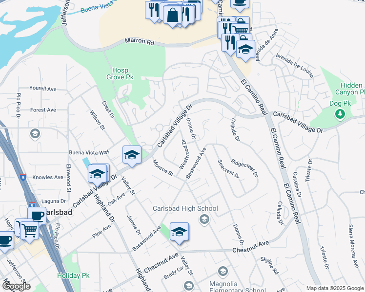 map of restaurants, bars, coffee shops, grocery stores, and more near 3285 Westwood Drive in Carlsbad