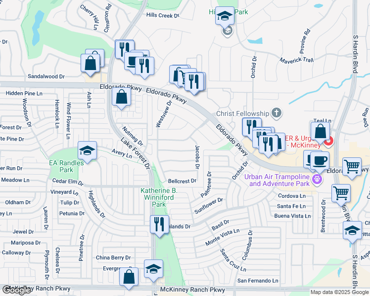 map of restaurants, bars, coffee shops, grocery stores, and more near 4512 Willow Way Drive in McKinney