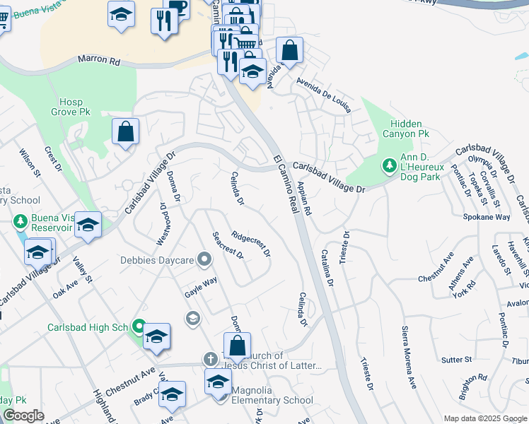 map of restaurants, bars, coffee shops, grocery stores, and more near 2301 Shawn Court in Carlsbad