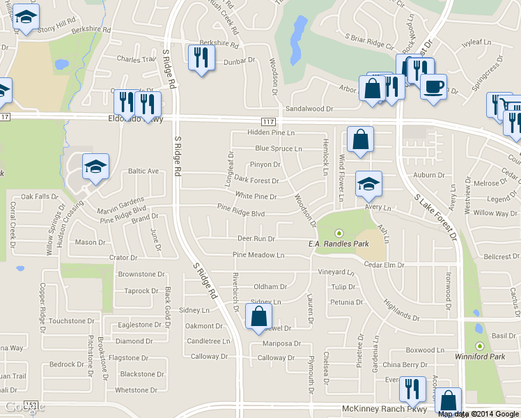 map of restaurants, bars, coffee shops, grocery stores, and more near 5912 Pine Ridge Boulevard in McKinney