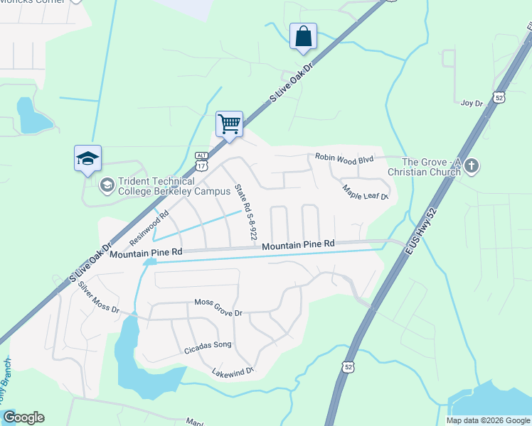 map of restaurants, bars, coffee shops, grocery stores, and more near 113 White Pine Court in Moncks Corner