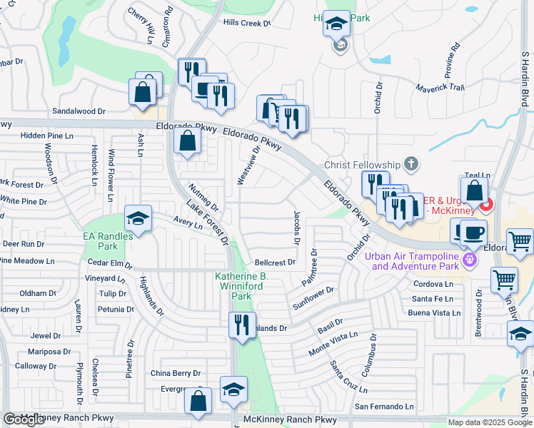 map of restaurants, bars, coffee shops, grocery stores, and more near 4512 Willow Way Drive in McKinney