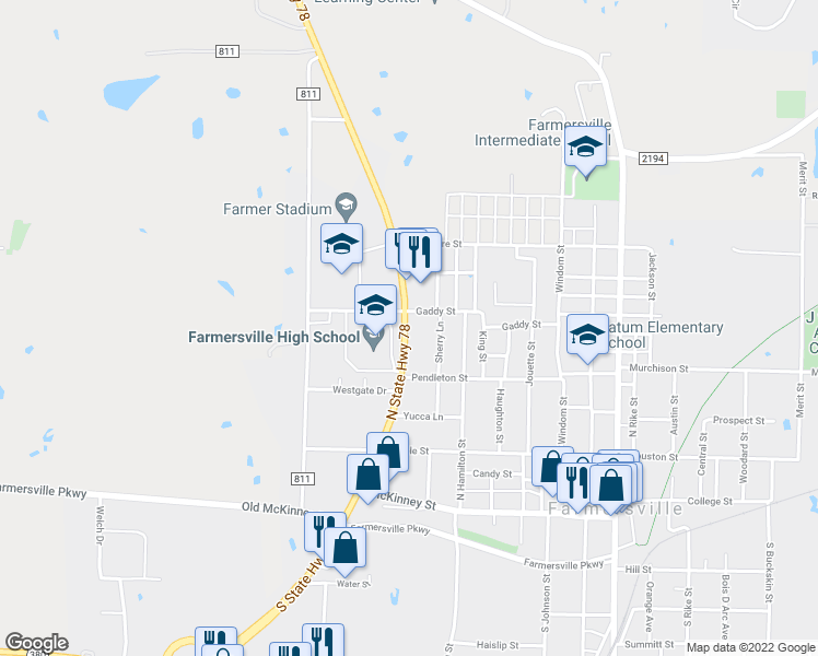 map of restaurants, bars, coffee shops, grocery stores, and more near 420 Texas 78 in Farmersville