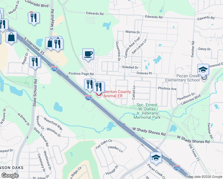 map of restaurants, bars, coffee shops, grocery stores, and more near 39b Sherwood Mobile Home Park in Denton