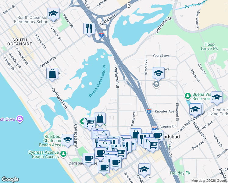 map of restaurants, bars, coffee shops, grocery stores, and more near 2475 Jefferson Street in Carlsbad