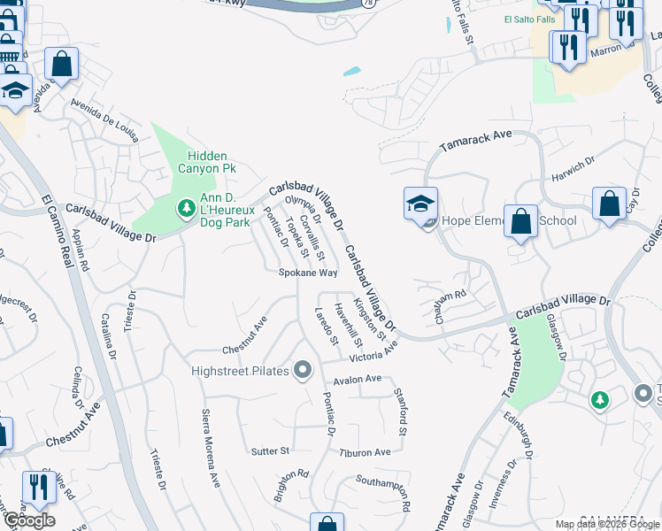 map of restaurants, bars, coffee shops, grocery stores, and more near 3492 Corvallis Street in Carlsbad
