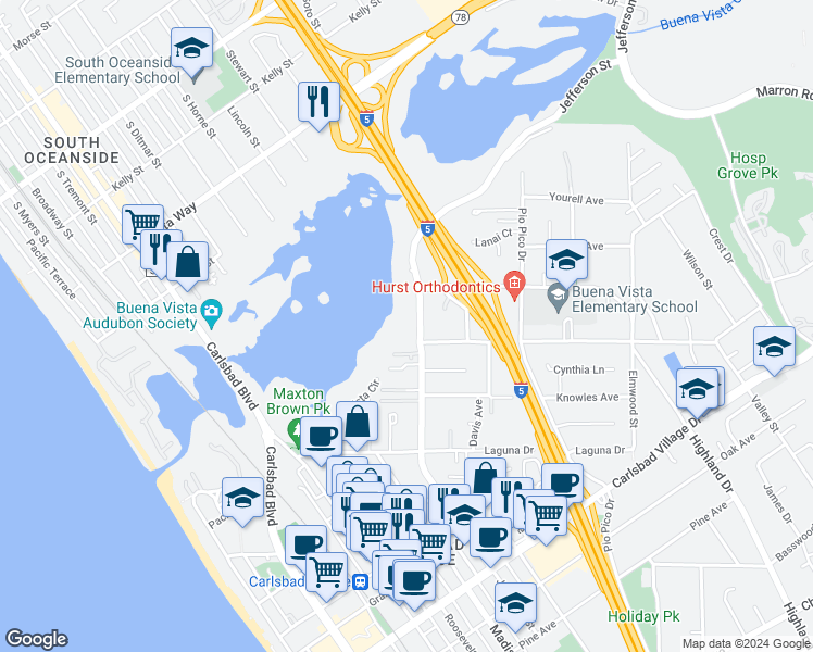 map of restaurants, bars, coffee shops, grocery stores, and more near 2475 Jefferson Street in Carlsbad