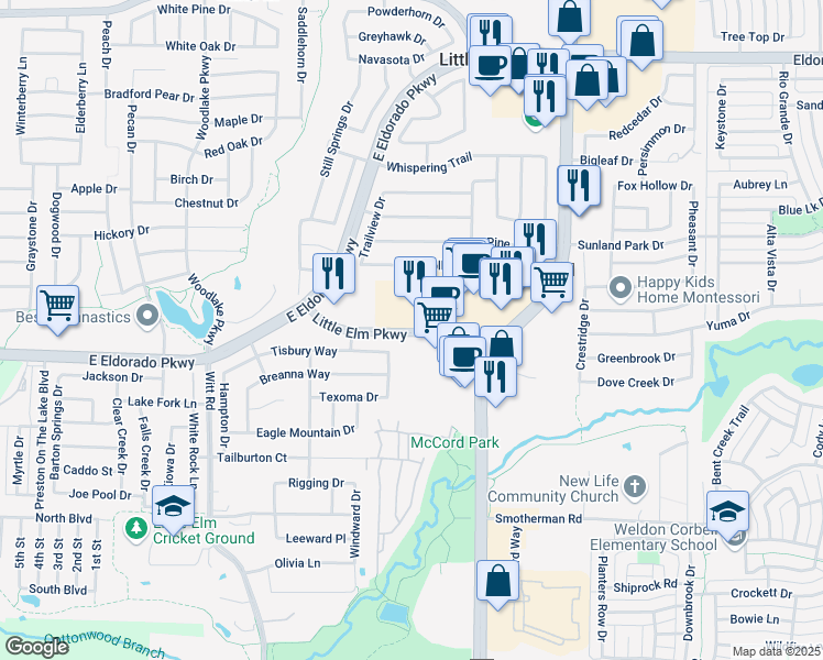 map of restaurants, bars, coffee shops, grocery stores, and more near 2601 Little Elm Parkway in Little Elm