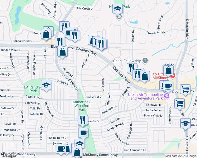 map of restaurants, bars, coffee shops, grocery stores, and more near 4508 Willow Way Drive in McKinney