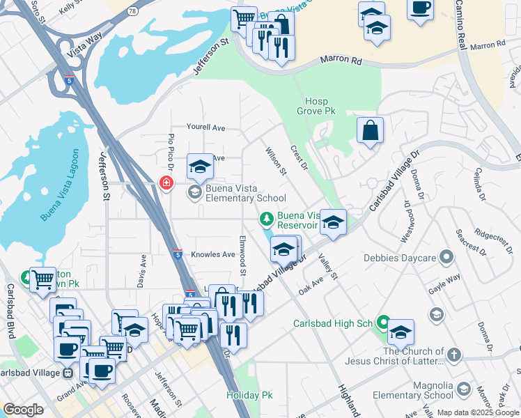 map of restaurants, bars, coffee shops, grocery stores, and more near 2778 Arland Road in Carlsbad