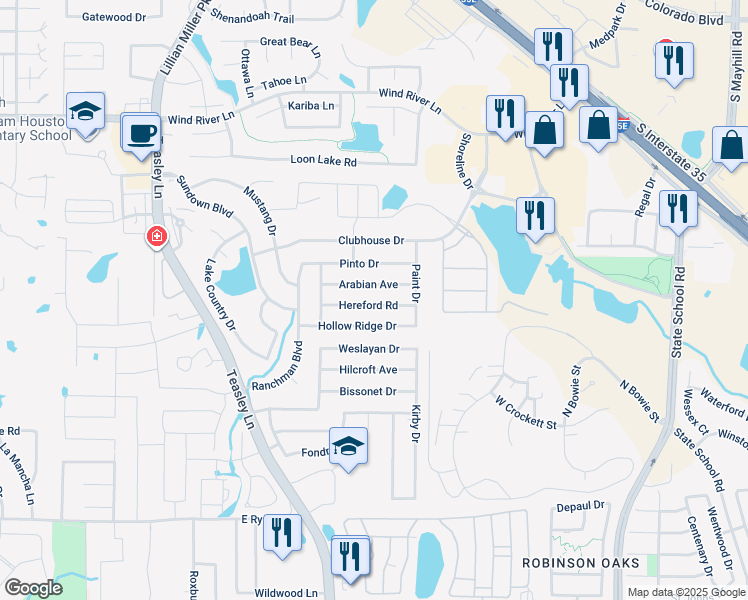 map of restaurants, bars, coffee shops, grocery stores, and more near 2717 Hereford Road in Denton