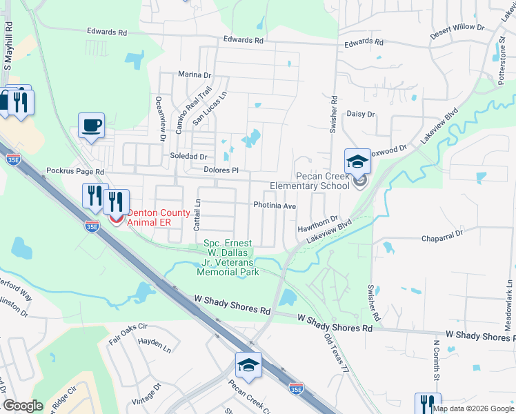 map of restaurants, bars, coffee shops, grocery stores, and more near 4600 Dogwood Drive in Denton