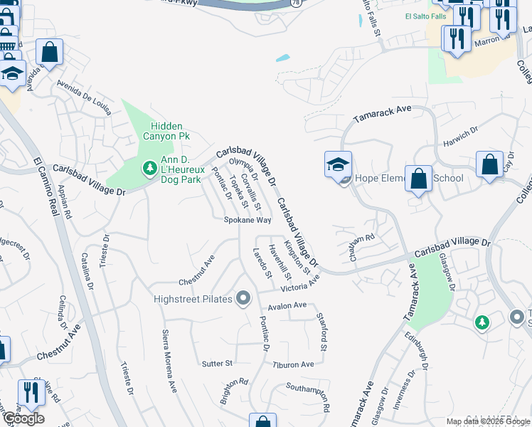 map of restaurants, bars, coffee shops, grocery stores, and more near 3492 Corvallis Street in Carlsbad