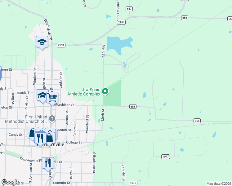 map of restaurants, bars, coffee shops, grocery stores, and more near 205 Murchison Street in Farmersville