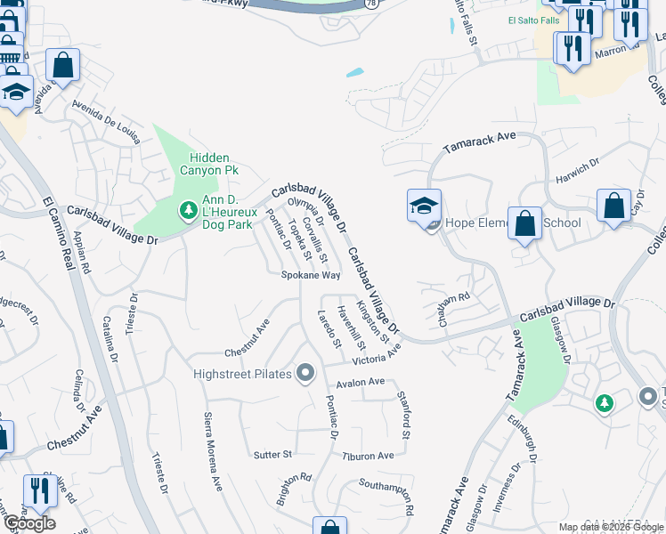 map of restaurants, bars, coffee shops, grocery stores, and more near 3492 Corvallis Street in Carlsbad