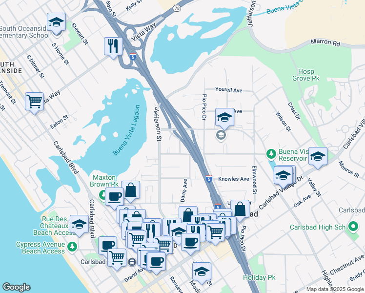 map of restaurants, bars, coffee shops, grocery stores, and more near 2452 Tuttle Street in Carlsbad