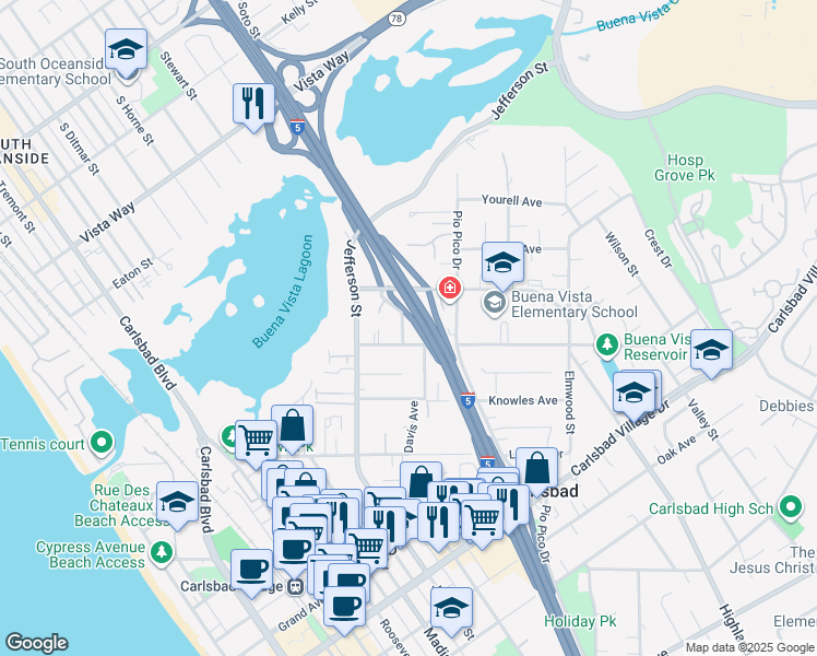 map of restaurants, bars, coffee shops, grocery stores, and more near 2452 Tuttle Street in Carlsbad
