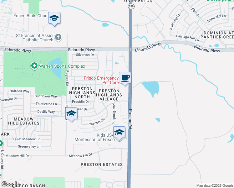 map of restaurants, bars, coffee shops, grocery stores, and more near 8768 Dancliff Drive in Frisco