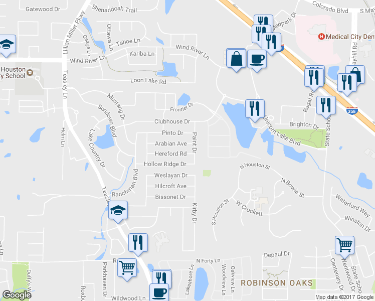 map of restaurants, bars, coffee shops, grocery stores, and more near 2813 Hereford Rd in Denton
