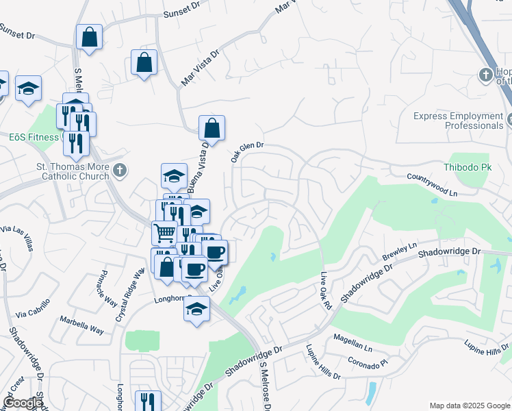 map of restaurants, bars, coffee shops, grocery stores, and more near 1370 Montego Court in Vista