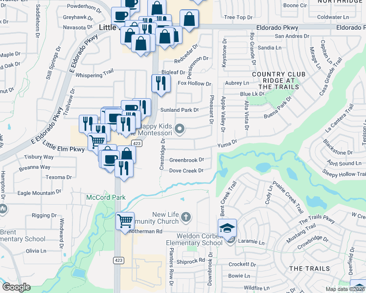 map of restaurants, bars, coffee shops, grocery stores, and more near 2433 Yuma Dr in Little Elm