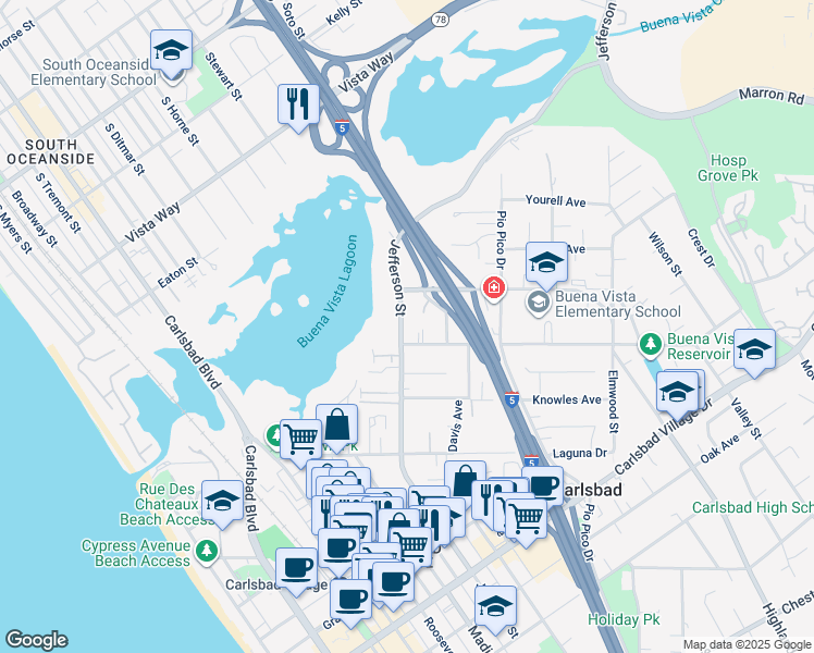 map of restaurants, bars, coffee shops, grocery stores, and more near 2464 Jefferson Street in Carlsbad
