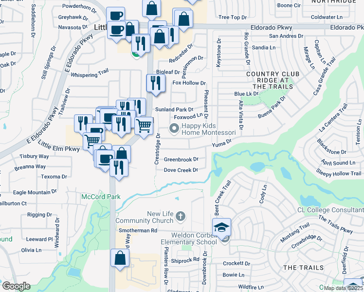 map of restaurants, bars, coffee shops, grocery stores, and more near 2441 Yuma Drive in Little Elm