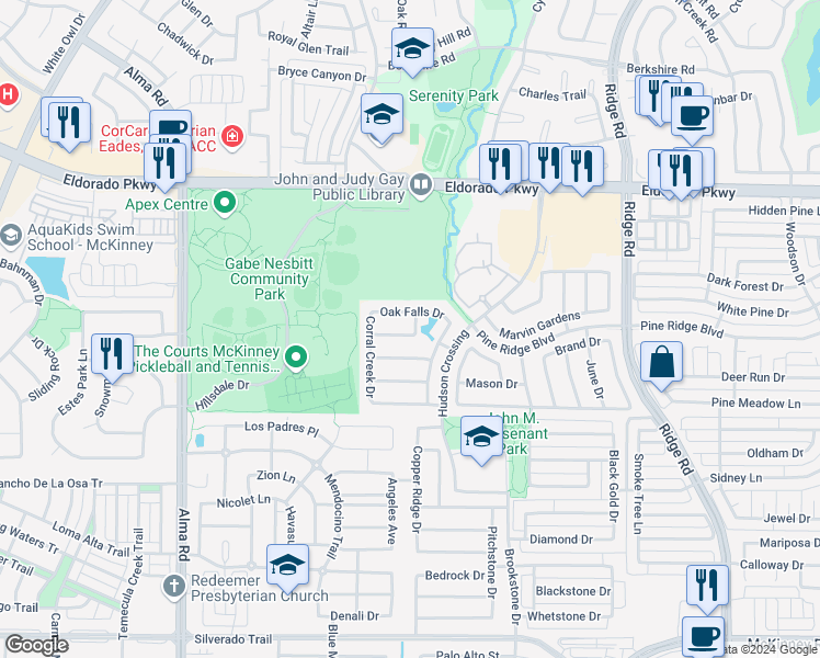 map of restaurants, bars, coffee shops, grocery stores, and more near 6800 Columbia Falls Drive in McKinney