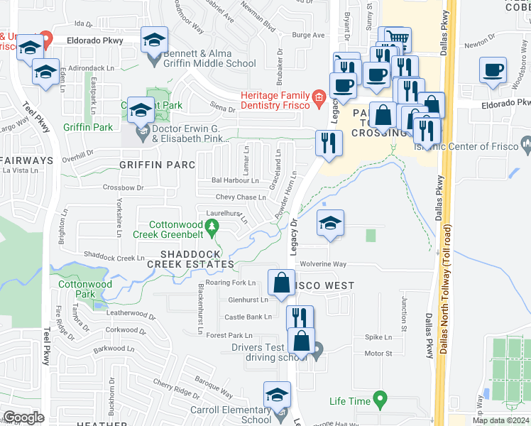 map of restaurants, bars, coffee shops, grocery stores, and more near 10958 Stonewyck Lane in Frisco