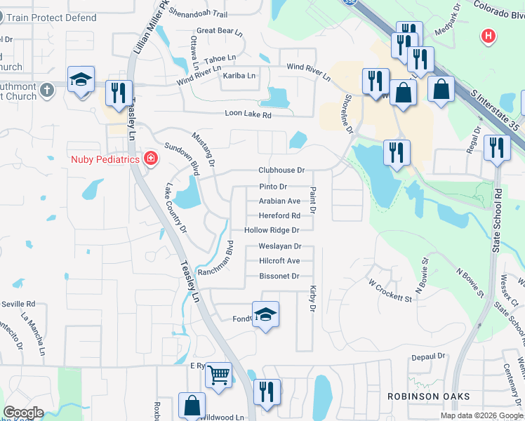 map of restaurants, bars, coffee shops, grocery stores, and more near 2617 Hereford Road in Denton